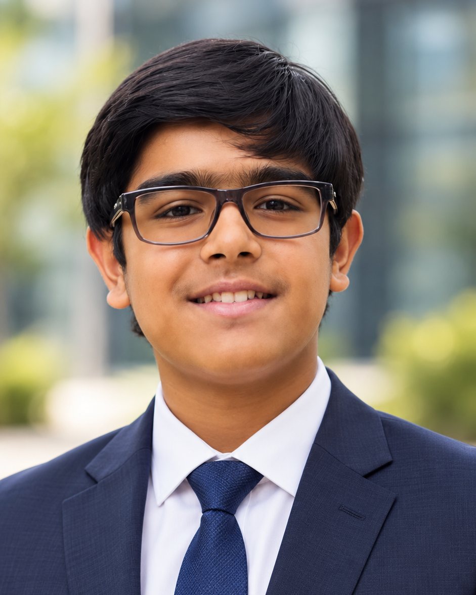 Portrait of Divyam in a navy suit and blue tie, smiling